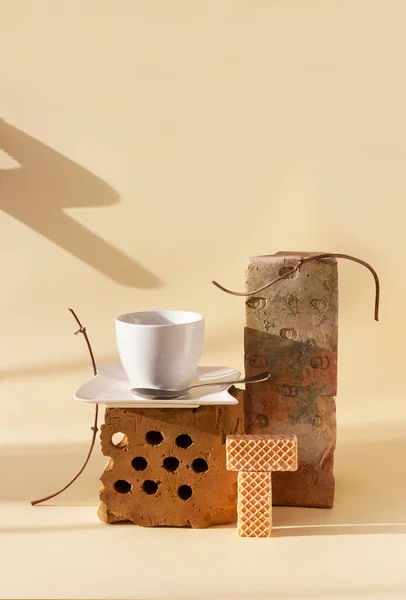 Trendy Still Life Old Bricks Dried Plants Cup Coffee Cookies — Stock Photo, Image