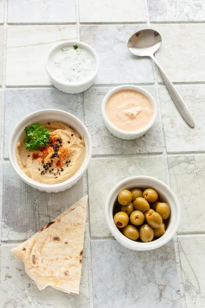 Mangkuk Hummus Tradisional Yahudi Arab Makanan Timur Tengah Dari Ayam — Stok Foto