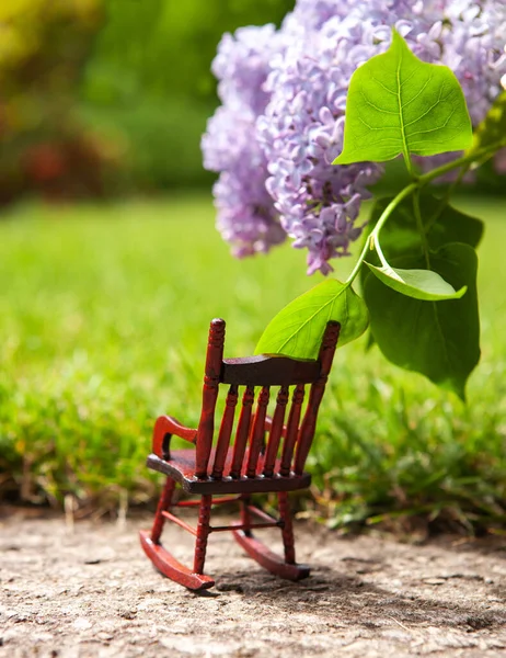 Rocking Chair Backyard Lilac Branches Summer Vacation Home Covid Pandemic — Stock Photo, Image