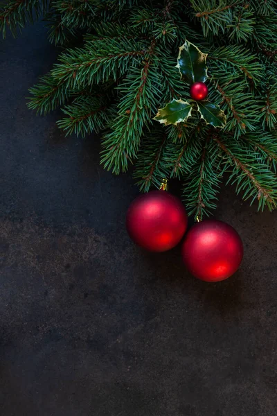 Christmas Holiday Background Fir Tree Branches Holly Red Balls Top — ストック写真
