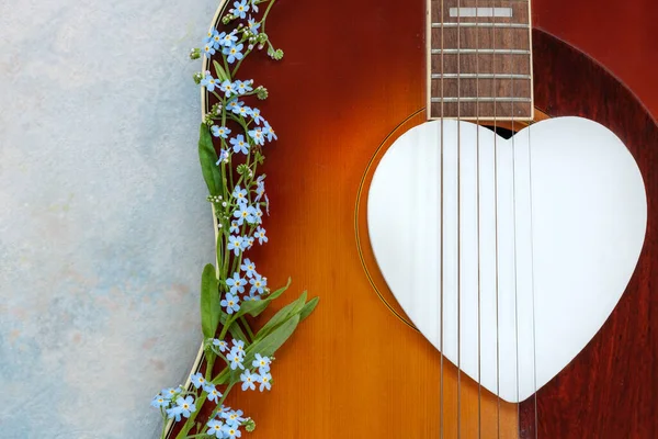 Acoustic Guitar Wooden White Heart Shape Symbol Forget Flowers Sky — Stock Photo, Image