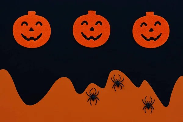 Fondo Negro Halloween Con Calabazas Aterradoras Araña — Foto de Stock