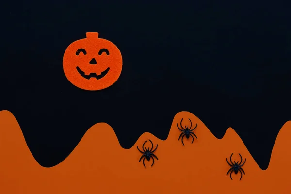 Černé Halloween Pozadí Děsivou Dýní Pavoukem — Stock fotografie