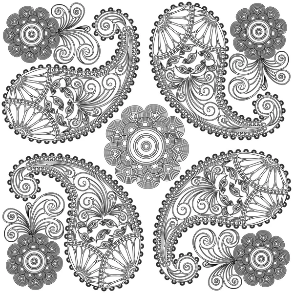 Paisley doodles, fekete-fehér mandala, színező oldalak, paisley, a hímzés — Stock Vector