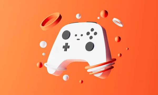 Beyaz standart 3 boyutlu oyun kumandası, joystick, soyut geometrik şekilli turuncu bir arka planda oyun sahası. 3B Hazırlama.