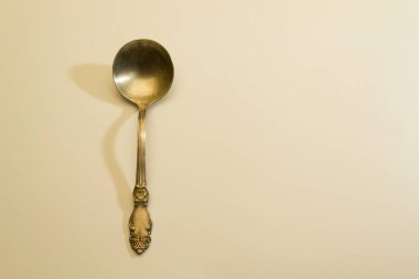 Sapında ilginç çiçek süsü olan eski püskü bir kaşık.