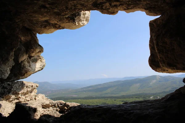 Opening Cave You Can See Mountains Blue Sky Distance Picture Stock Image