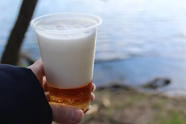 in the hand is a plastic cup with fresh beer on a picnic / photo in the hand is a beer with foam in a cup. wheat beer, transparent. liquid in a plastic cup close-up