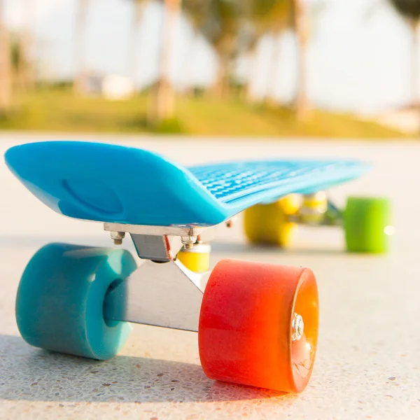 Tablero de penique de longboard azul claro con ruedas multicolores listo —  Fotos de Stock