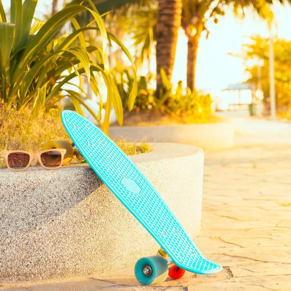 Tablero de penique de longboard azul claro con ruedas multicolores listo — Foto de Stock