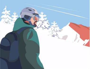 Kayak ekipmanlı bir turist dağlara hayran.