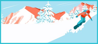 Bir adam, dağların ve köknar ağaçlarının arka planında bir snowboard 'la dağdan aşağı iniyor.
