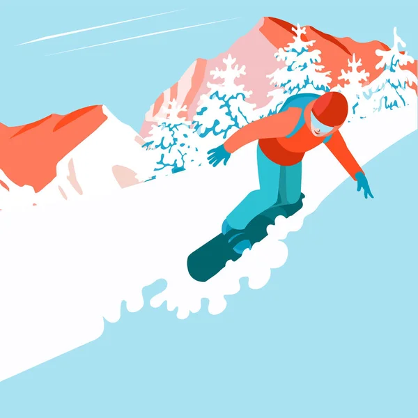 Een Man Gaat Neer Een Snowboard Een Berghelling Een Sparrenbos — Stockvector