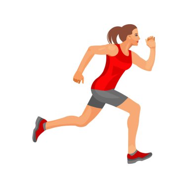 Kırmızı spor kıyafetleri içinde koşan bir bayan sporcunun vektör izole figürü.