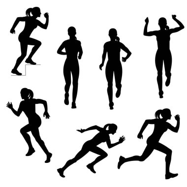 Farklı açılarda, sıcak spor kıyafetleri içinde koşan kızların izole vektör siluetleri.