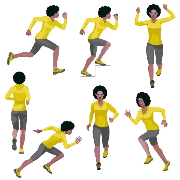 一组七位病媒隔离的形象 一位身穿保暖运动服 皮肤黝黑的跑步女运动员 — 图库矢量图片