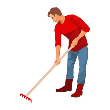 Adam bahçeyi tırmıkla temizler ve bitkiyle ilgilenir.