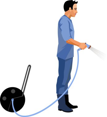 İzole edilmiş vektör figürü Çinli bahçıvan ya da bahçe hortumlu çiftçi.