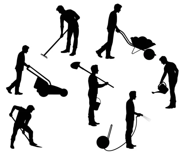 Silhouettes of a planting farmer or gardener with tools: shovel, wheelbarrow, rake, hose, lawn mower, bucket, can — Stock Vector