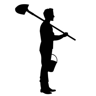 Bahçıvan çiftçi silueti bir kürek ve bir bahçe kovası dikmek için duruyor.