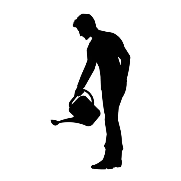 Silhouette d'un homme avec un arrosoir prend soin du jardin — Image vectorielle