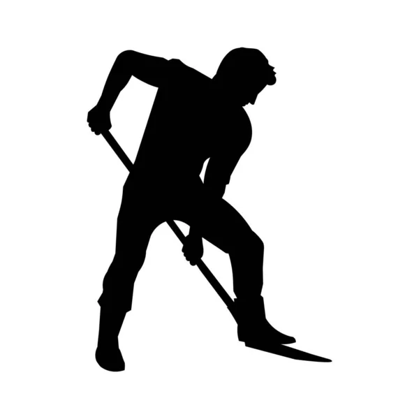 La silhouette d'un homme avec une pelle creuse le sol. Agriculteur ou jardinier plantation dans le jardin ou — Image vectorielle