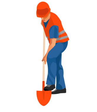 Beyaz arka planda çukur kazan bir işçinin vektör izole figürü