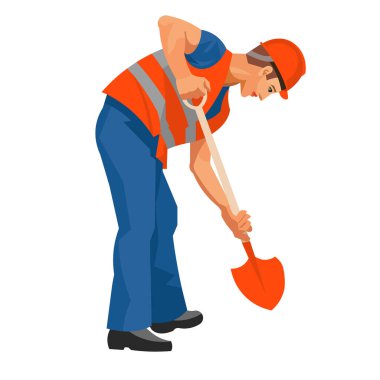 İş kıyafetleri, şapka ve inşaat yeleği giymiş, beyaz arka planda kürekle çukur kazan bir işçinin izole edilmiş figürü.