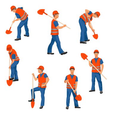 İş kıyafetleri, yelek ve elinde kürek olan bir miğfer giymiş yedi kişilik bir işçi figürü.