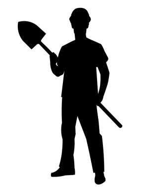 Vector isolated silhouette of a worker in a helmet and vest standing with a shovel in his hands on a white background