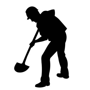 Vector isolated silhouette of a worker in work clothes digging a hole with a shovel from the back