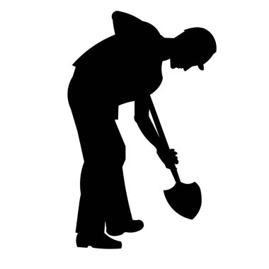Vector isolated silhouette of a worker in work clothes, hard hat and construction vest digging a hole with a shovel on a white background