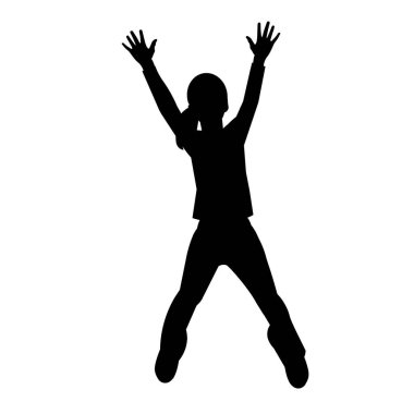 Elleri havada atlayan kız beyaz arkaplanda vektör izole edilmiş siluet