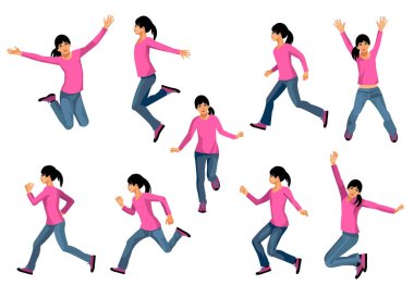 Asyalı bir liseli kızın farklı pozlardaki izole figürleri.