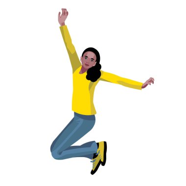 Zıplayan koyu tenli, mutlu bir genç kızın vektör izole figürü.