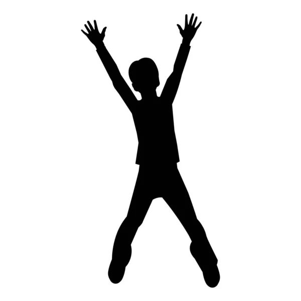 十几岁的男孩举起双手跳起来 在白色背景上勾勒出一个孤立的轮廓 — 图库矢量图片