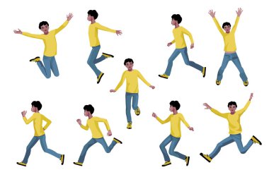 Farklı pozlarda Afro-Amerikalı bir öğrencinin izole edilmiş figürleri.