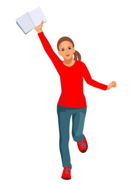 Elinde açık bir kitapla koşan bir öğrenci figürü.