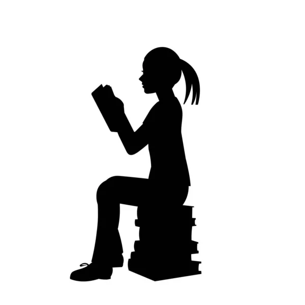 Vektor Terisolasi Siluet Seorang Gadis Sekolah Remaja Yang Membaca Buku - Stok Vektor