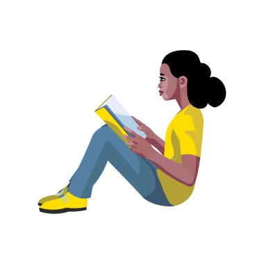Elinde kitap olan koyu tenli, okuyan bir kız öğrencinin izole edilmiş figürü.
