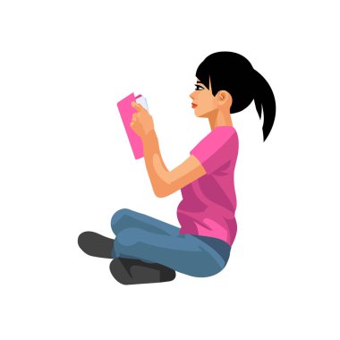 Yerde otururken kitap okuyan Asyalı bir genç kızın izole edilmiş figürü.