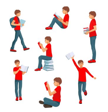Vector figures of a teenage boy with books in different poses