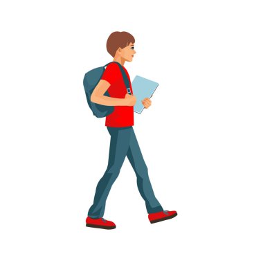 Vector isolated figure of a teenage schoolboy walking with a book in his hands