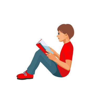 Isolated figure of a reading schoolboy with a book in his hands