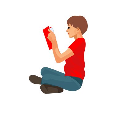Vector isolated figure of a teenager reading a book sitting on the floor
