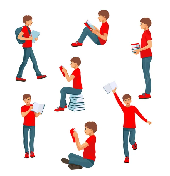 Vector figures of a teenage boy with books in different poses