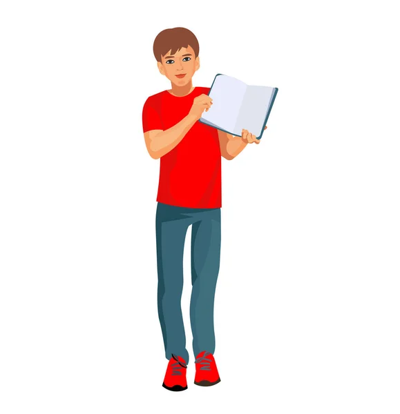 Vector Isolated Figure Schoolboy Standing Book His Hands — Stok Vektör