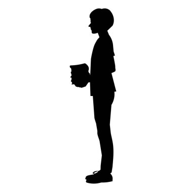 Vector isolated silhouette of a standing teenager with books in his hands
