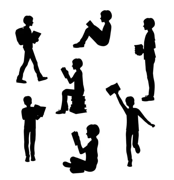 Vector silhouettes of a teenage boy with books in different poses