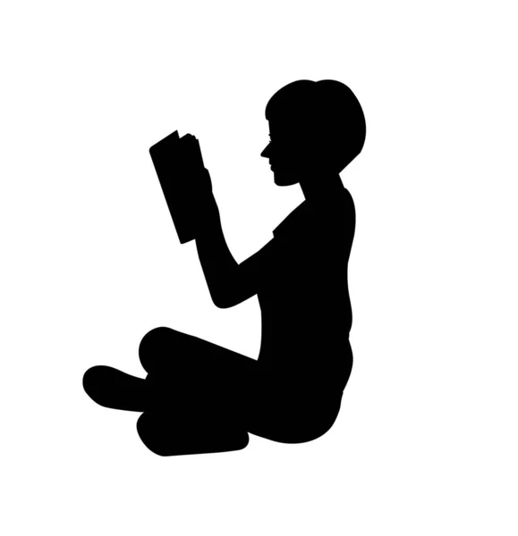 Векторный Изолированный Силуэт Подростка Читающего Книгу Сидящую Полу — стоковый вектор